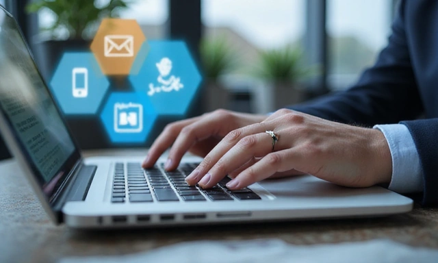 Εικόνα χεριών που πληκτρολογούν σε πληκτρολόγιο, με εικονίδια επικοινωνίας