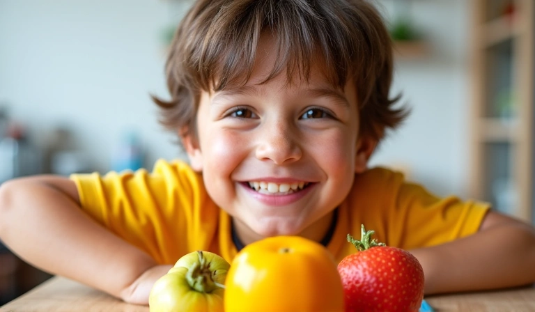 Ευτυχισμένο παιδί που τρώει υγιεινά φρούτα